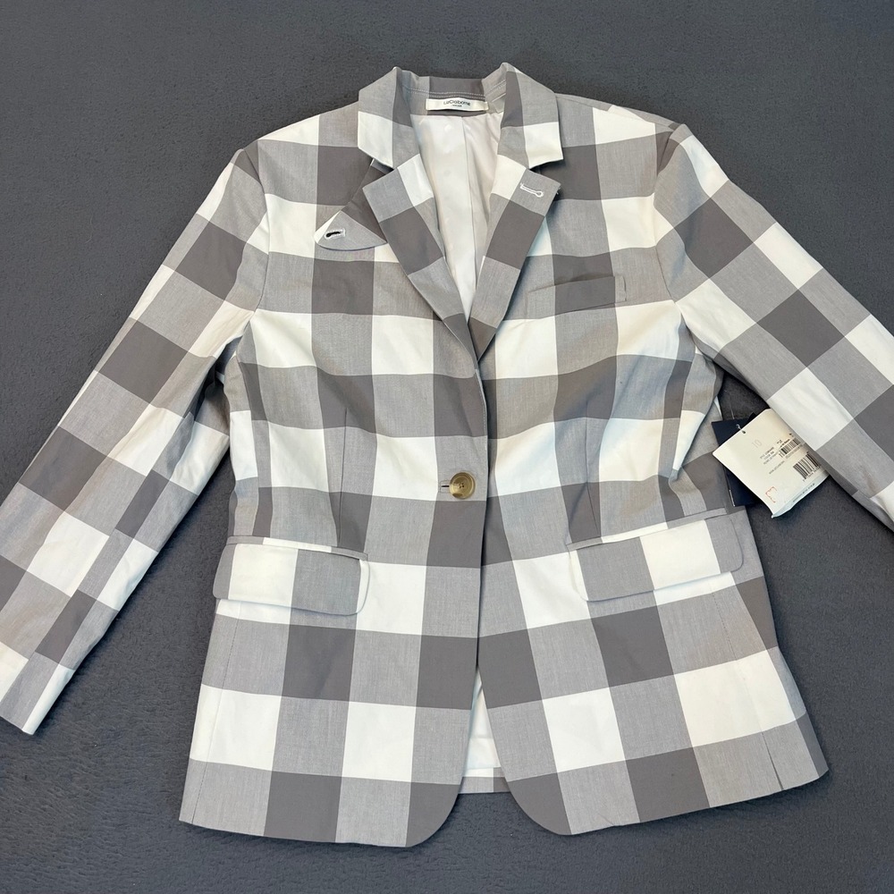 Liz Claiborne New York Grey White Buffalo Check Blazer Jacket Womens Size 10 NWI